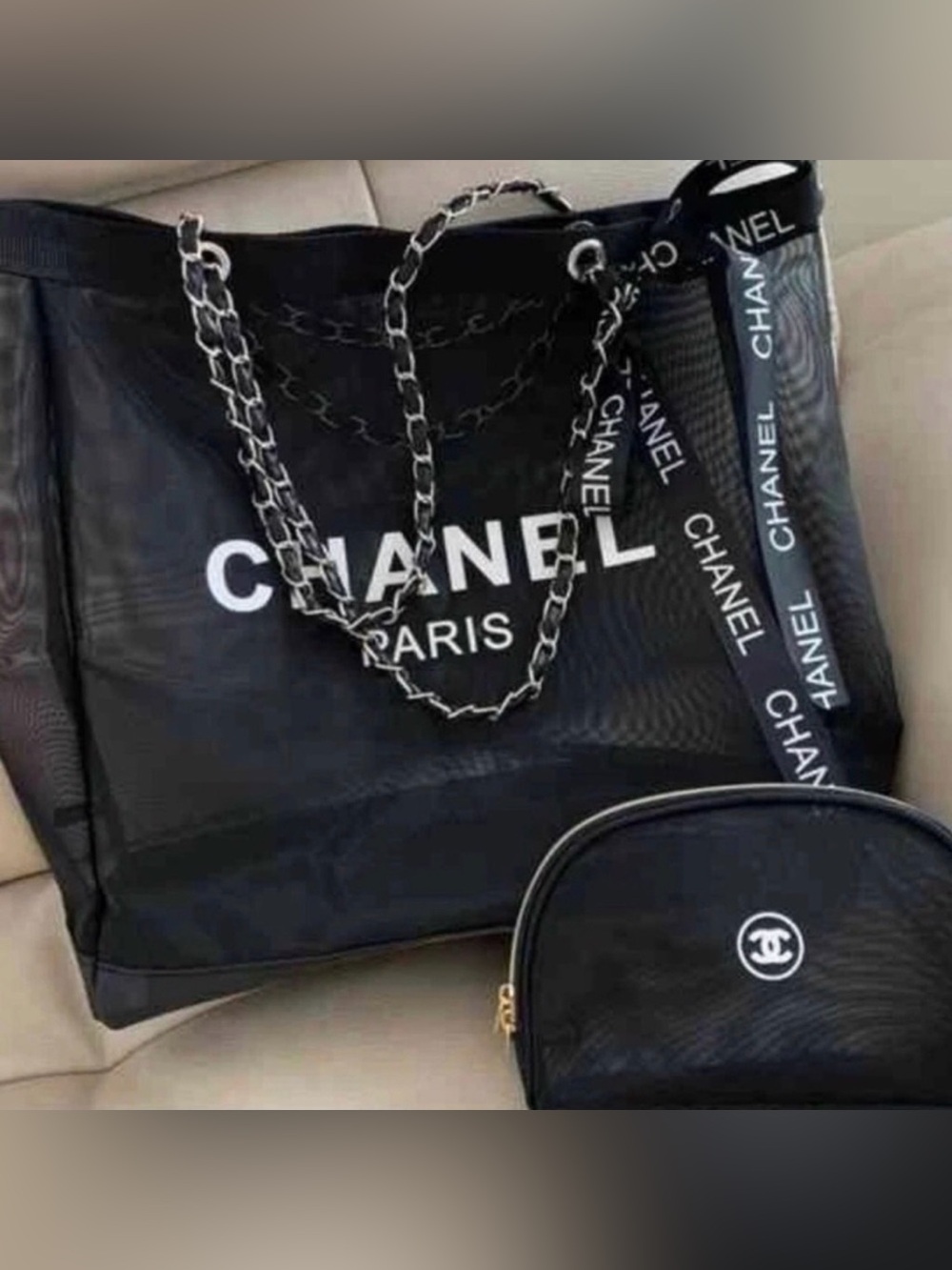 Black Beaute- Style Mesh Tote with cosmetic pouch.